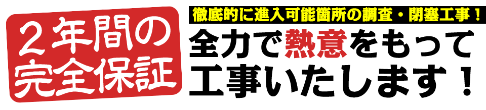イタチ駆除 退治 2年間の完全保証 徹底的に進入可能箇所の調査・閉塞工事!全力で熱意をもって工事いたします! イタチ駆除 退治 2年間の完全保証 徹底的に進入可能箇所の調査・閉塞工事!全力で熱意をもって工事いたします!